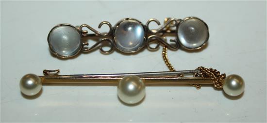 1oz moonstone bar brooches, 1 cultured pearl bar brooch